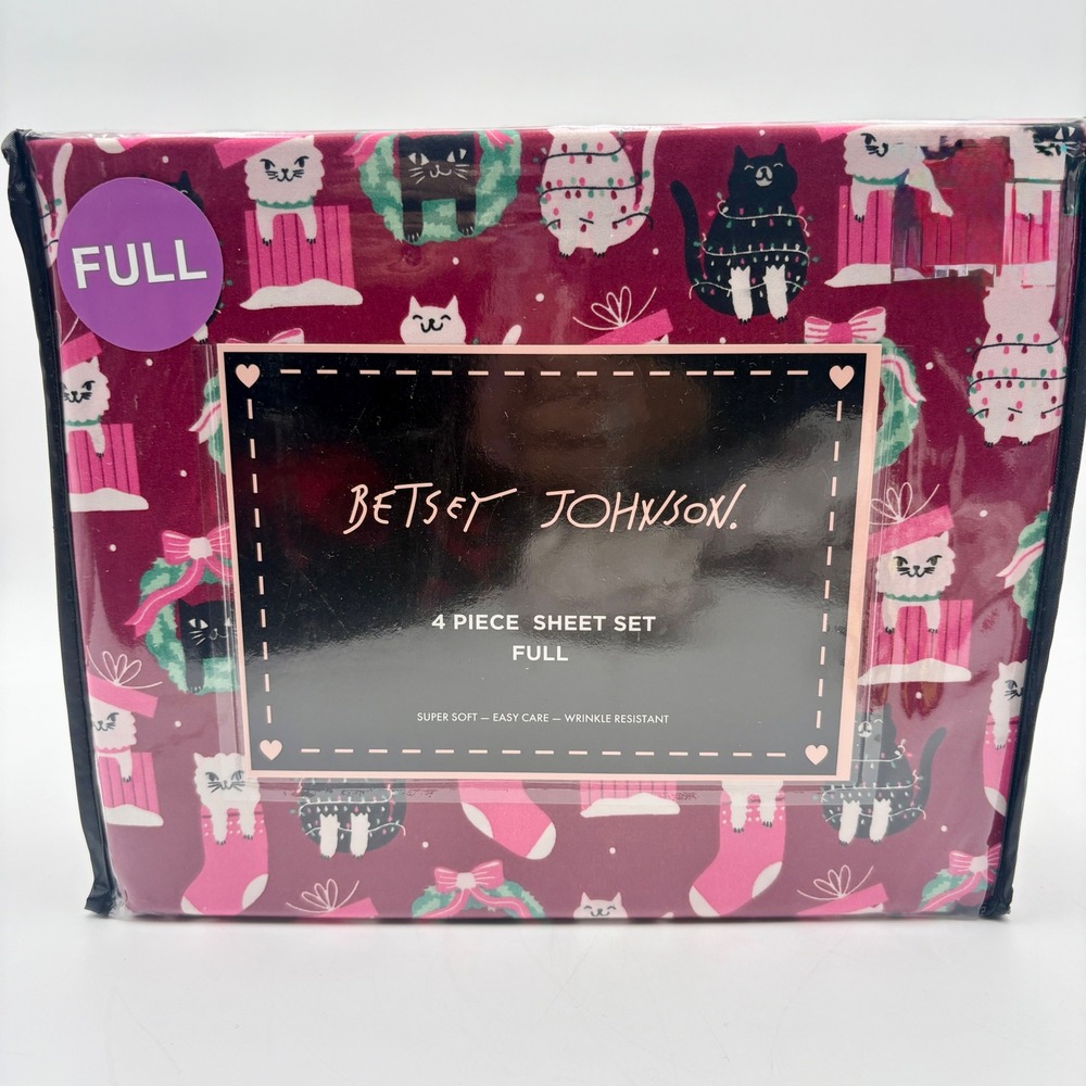 Betsey Johnson Full 4 Piece Sheet Set Christmas‎ Holiday Cats Pink Cozy